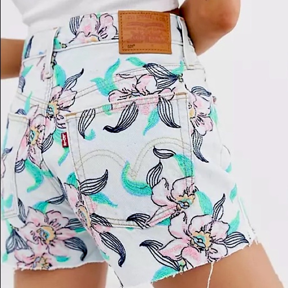 Levi's White Denim Floral Jean Shorts with Pink & Teal Print